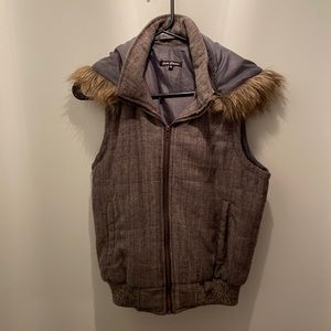 Gray vest with faux fur hood